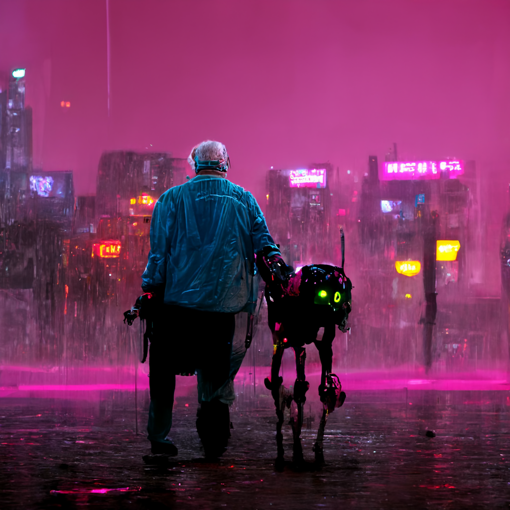 An old man walking a robot dog in a rainy cyberpunk city with a pink neon glow.